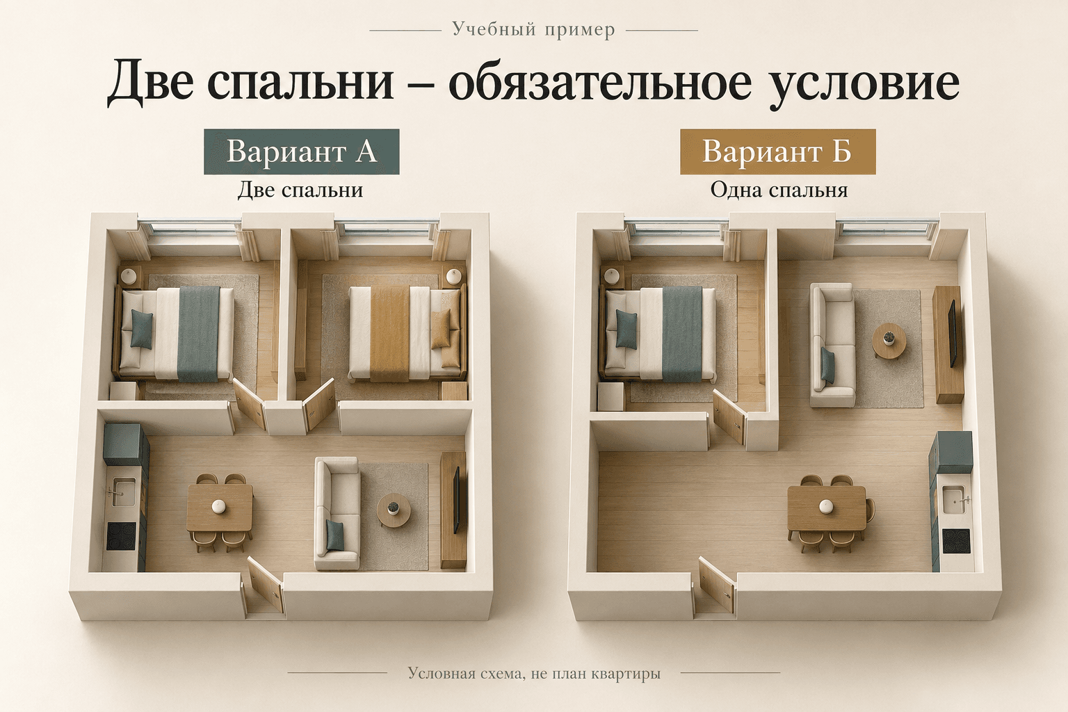 Учебное сравнение состава комнат: у варианта А две отдельные спальни, у варианта Б одна спальня и кухня-гостиная. Вариант Б не выполняет обязательное условие.